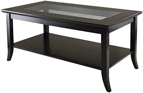 Rectangular Coffee Table with Glass Top And Shelf, Espresso