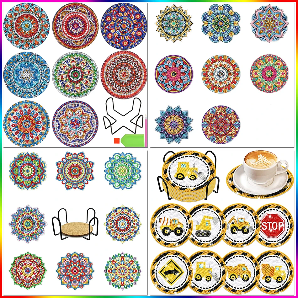 

PhotoCustom 8Pcs DIY Diamond Painting Mandala Round Coaster Drink Cup Pad Table Placemat Cushion Insulation Pad Handmade Gift