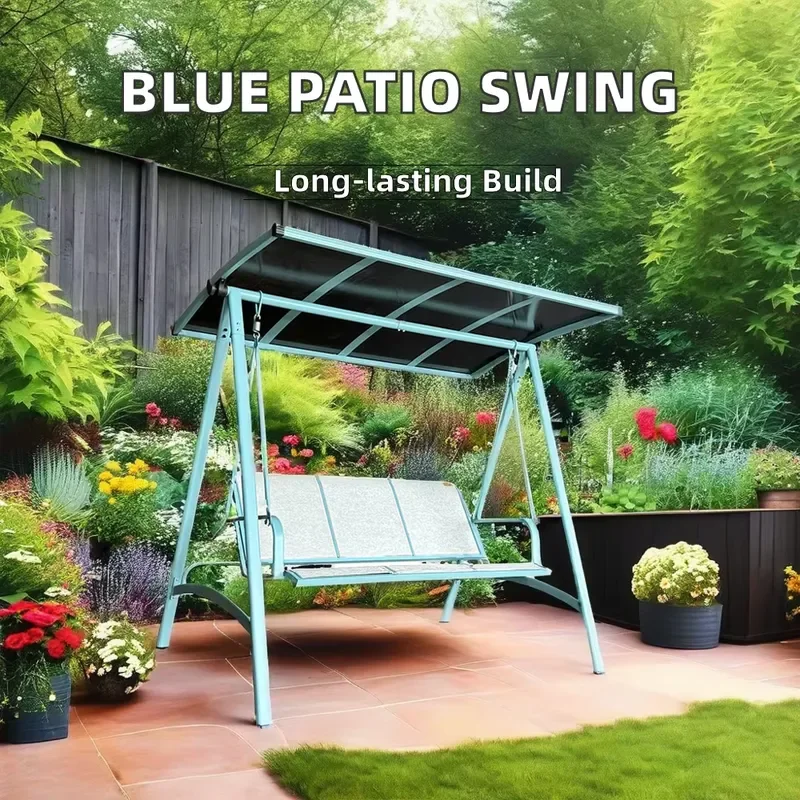 Modern 3 Seater Outdoor Swing Chair Blue Stainless Steel Frame Patio Garden Furniture Durable Terrace Bench for Park School