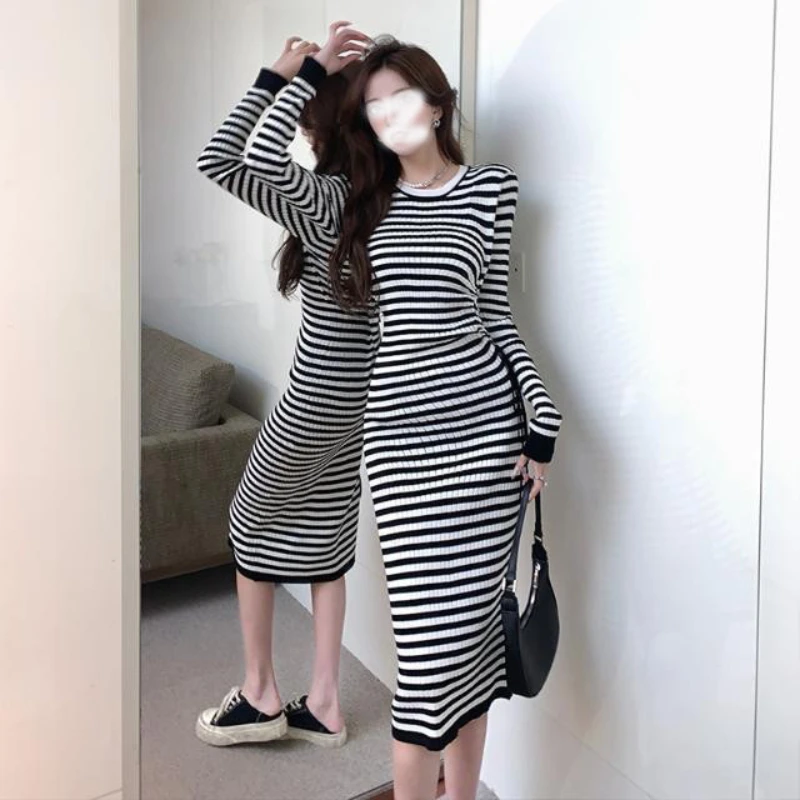 

Hong Kong Style Vintage Chic Casual Age-reducing Korean Women's Slimming Striped Dress2024 New Autumn/winter New Arrival A Dress