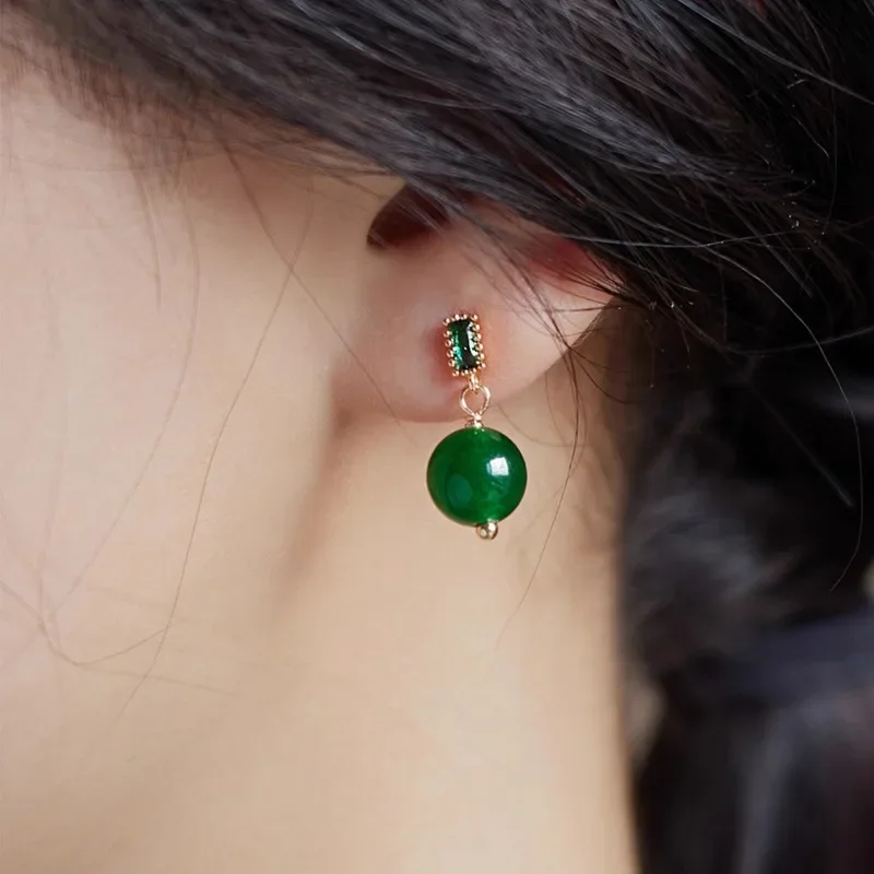 Minar Wholesale Green Color Jade Natural Stone CZ Cubic Zirconia Drop Earrings for Women 14K Real Gold Plating Copper Jewelry