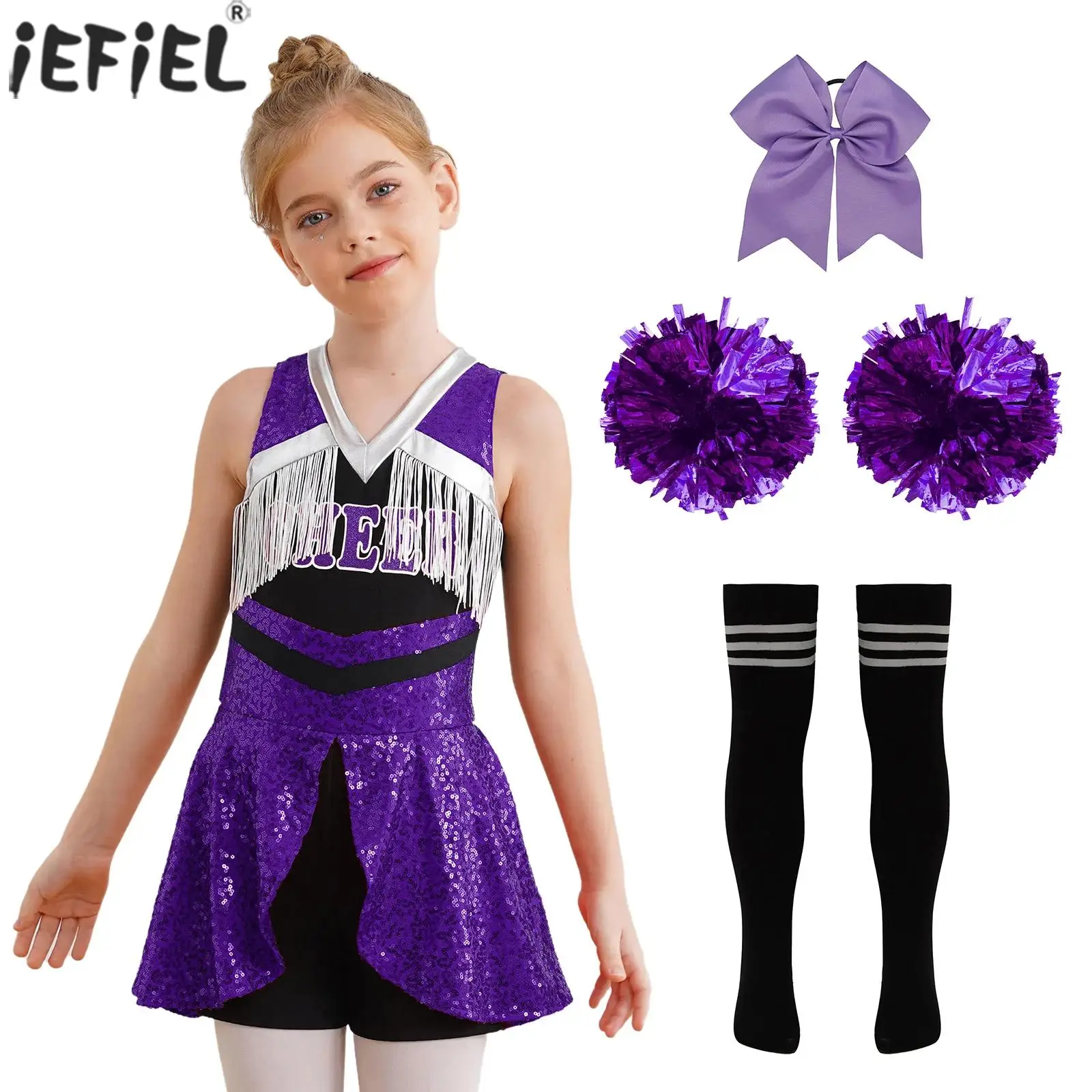 

Cheer Leader Dance Outfit Set Sequins Sparkling Tassels Dress Jumpsuit for School Competition Cheering Costumes