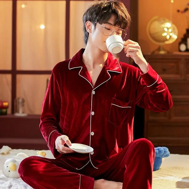 Men's Autumn Winter Gold Velvet Sleepwear Plus Size Warm Comfortable Homewear Cardigan Casual Loungewear Set 2024 New Pajamas