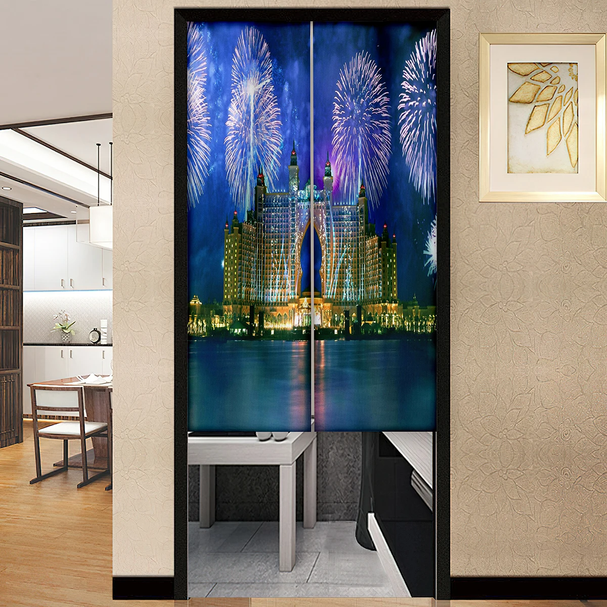 Dubai City Merry Christmas Fireworks Door Curtains Bedroom Kitchen  Partition Home Entrance Hanging Half-Curtains Privacy Decor