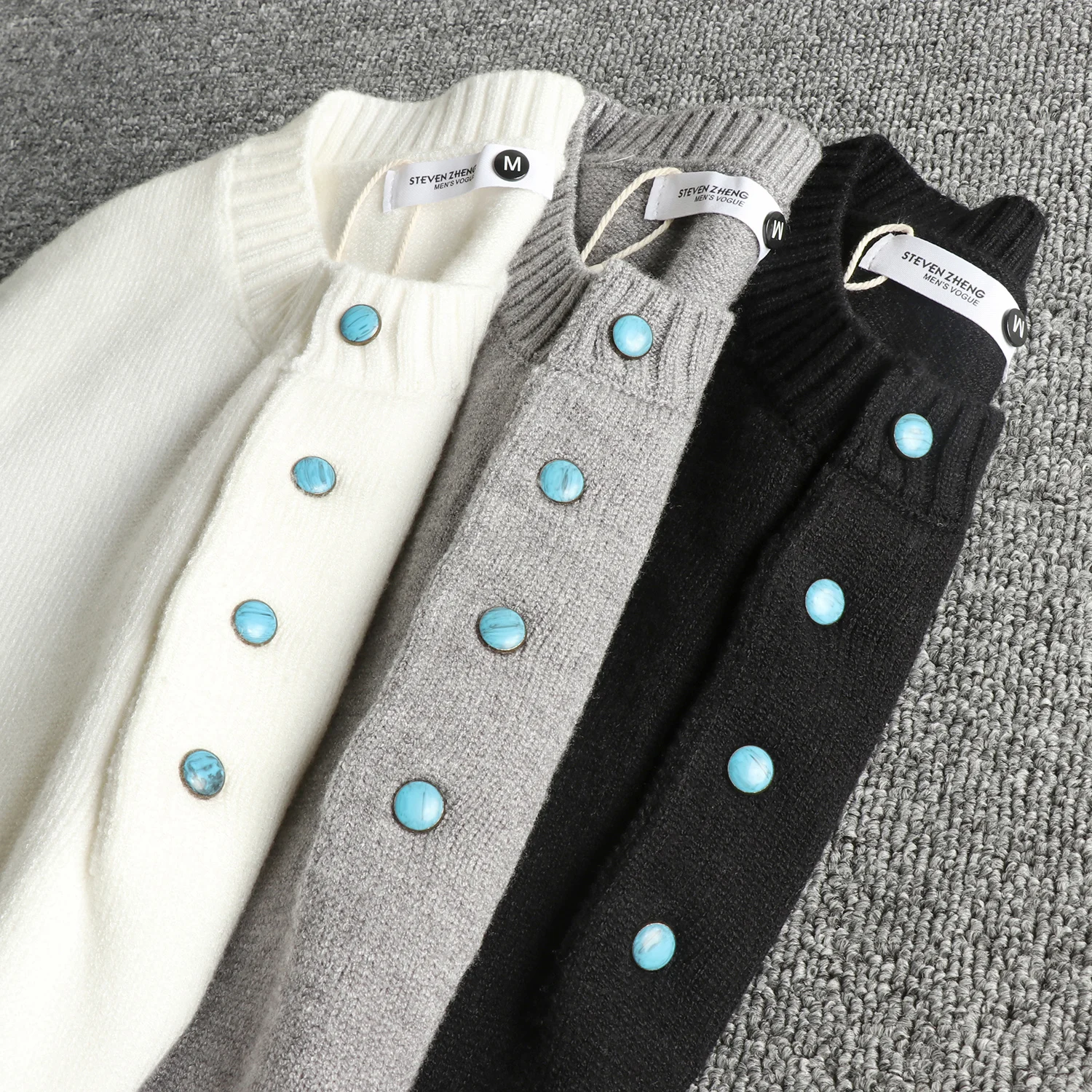 

Gem-Button Henley Neck Light Luxury Knit Sweater for Men Soft Comfortable and Warm Youth Long-Sleeve Top Pullovers