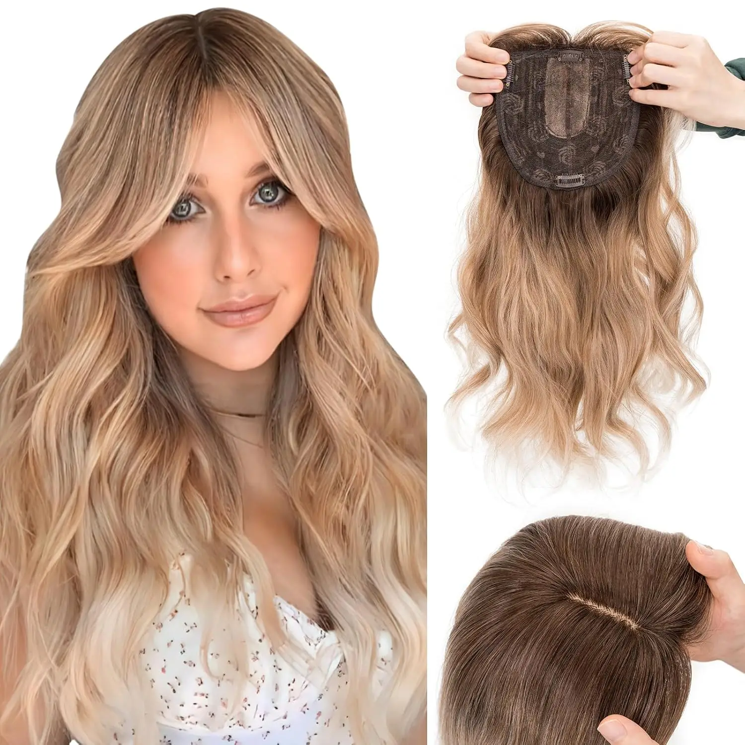 

Женский длинный кудрявый парик для полного покрытия головы, 18-дюймовые накладные пряди на заколках, синтетический парик блонд с темными корнями