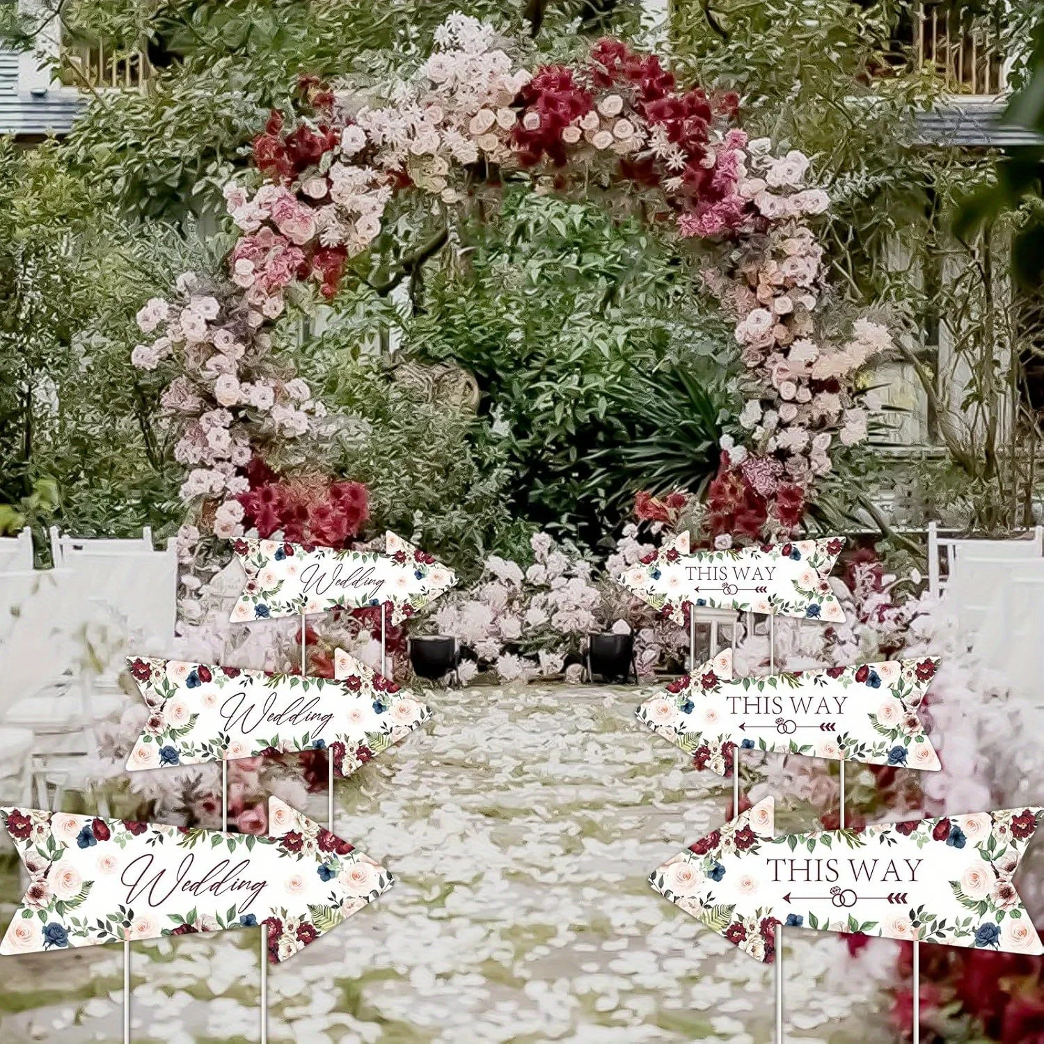 Wedding Directional Road Sided Waterproof Wedding This Way Signs with Stakes Burgundy Floral Wedding Welcome Parking Signs