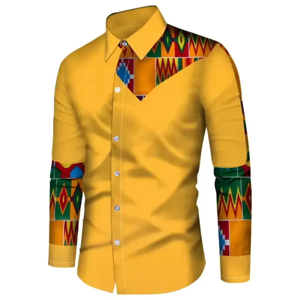 

Мужская рубашка-дашики из ткани базин рише с длинным рукавом, традиционная африканская, из дышащего хлопка, для лета и весны, повседневная одежда
