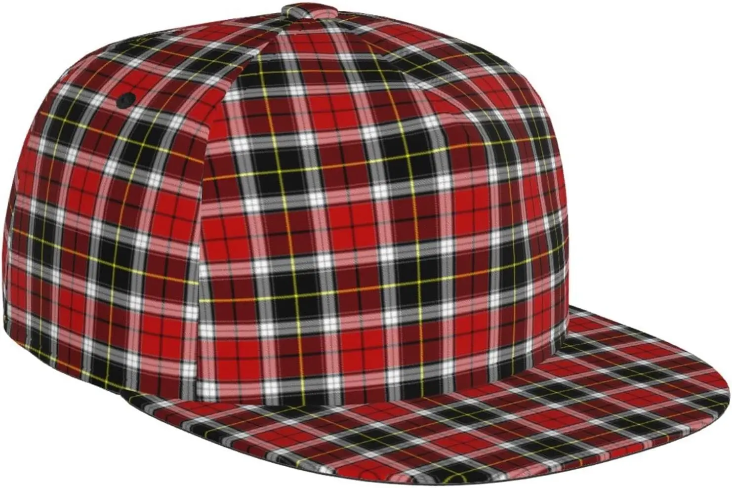 Red Black Buffalo Check Plaid Tartan Scottish Pattern Flat Bill Hat, Unisex Snapback Baseball Cap Hip Hop Style Flat Viso