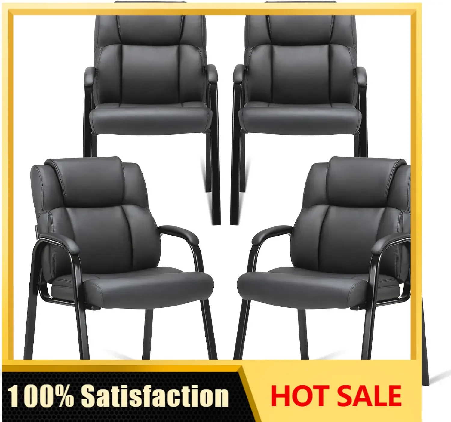 Leather Guest Chair with Padded Arm Rest for Reception Meeting Conference and Waiting Room Side Office Home Black 4 Pack