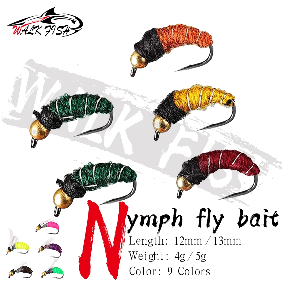 WALK FISH 5 Stück 12mm/13mm Nymphen-Fliegenköder Caddisfly Compound Rotation Weidenblatt-Pailletten Metall-Kunstköder für Forellen- und Meeresfischerei