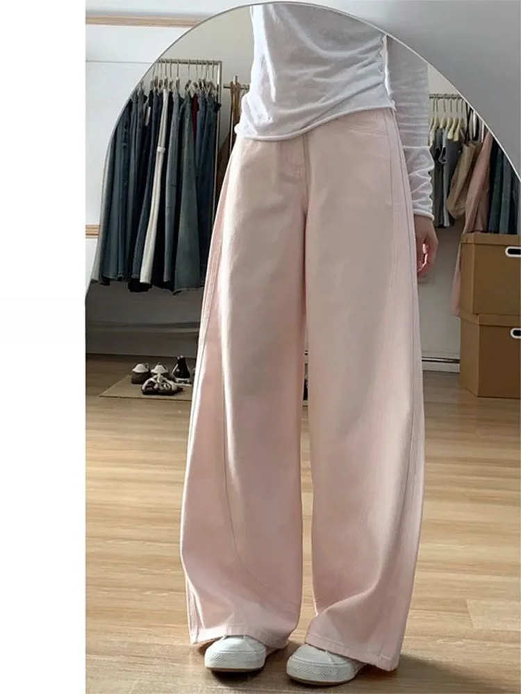 

Розовые джинсовые джинсы с высокой талией и широкими штанинами, женские свободные повседневные прямые брюки, осенние новые брюки больших размеров, драпировка длиной до колена