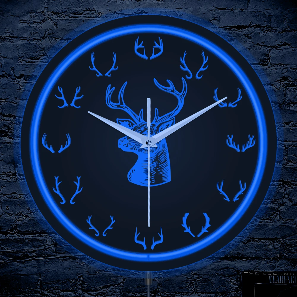 Deer Antler Neon Sign LED Lighting Wall Clock for Man Cave Cabin Lodge Moose Elk Wildlife Hunting Home Decor Luminous Wall Clock