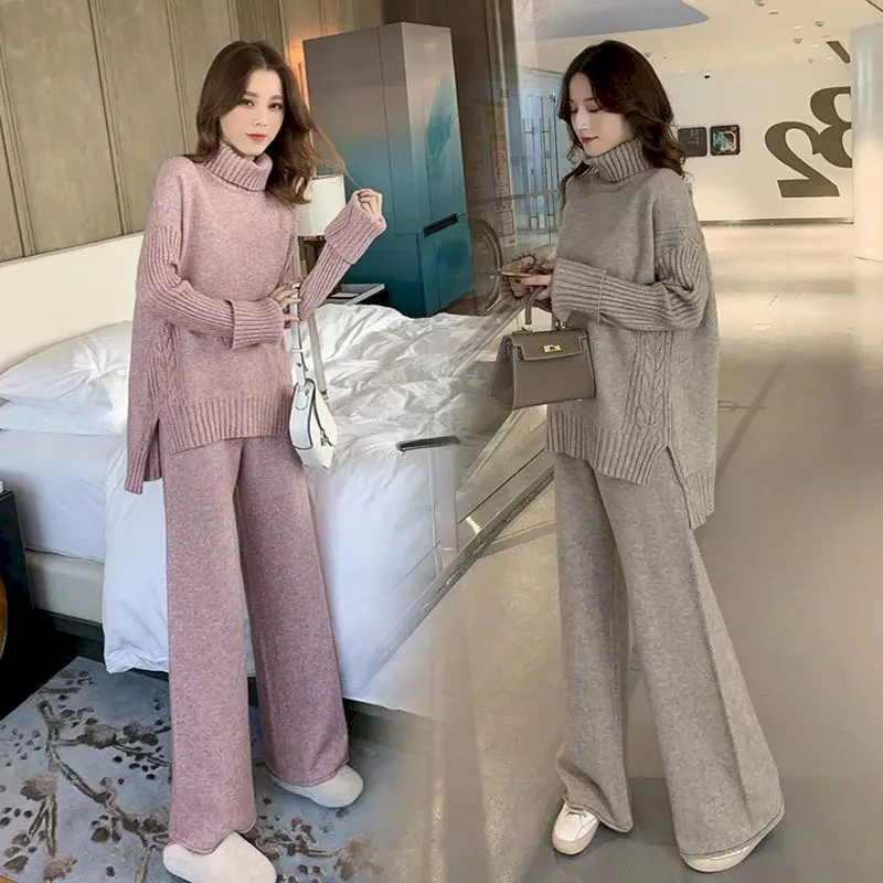 

Elegant Loose Turtleneck Sweater+Knitted Wide-leg Pants Two Piece Sets Women 2023Autumn Korean Fashion Winter Warm Trousers Suit