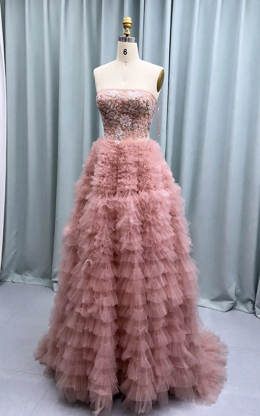 YQLNNE Pink Ball Gown Prom Dresses Long Strapless Tulle Ruffles Beaded Formal Evening Party Gowns For Quinceanera