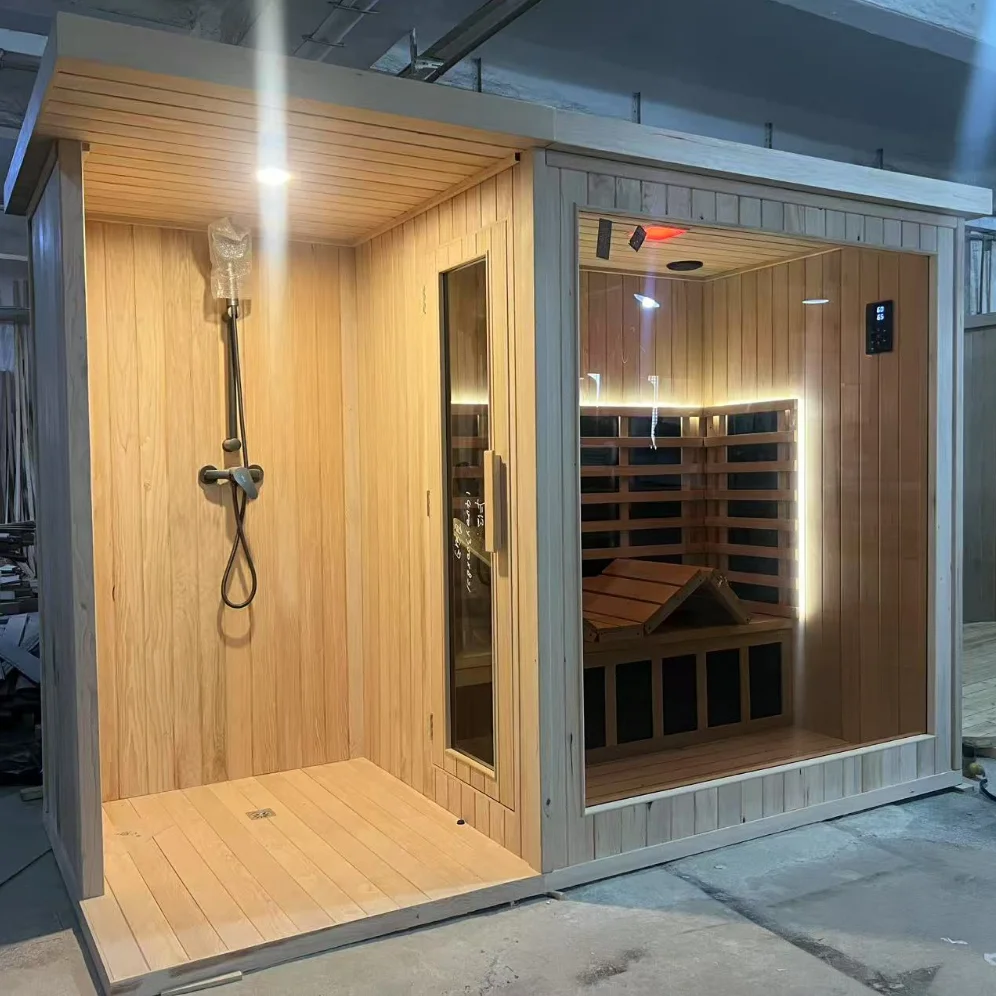 Far Infrared Electric Modern Outdoor Sauna Shower Room with Panoramic Glass Premium Red Cedar & Hemlock 2 People Dry Steam