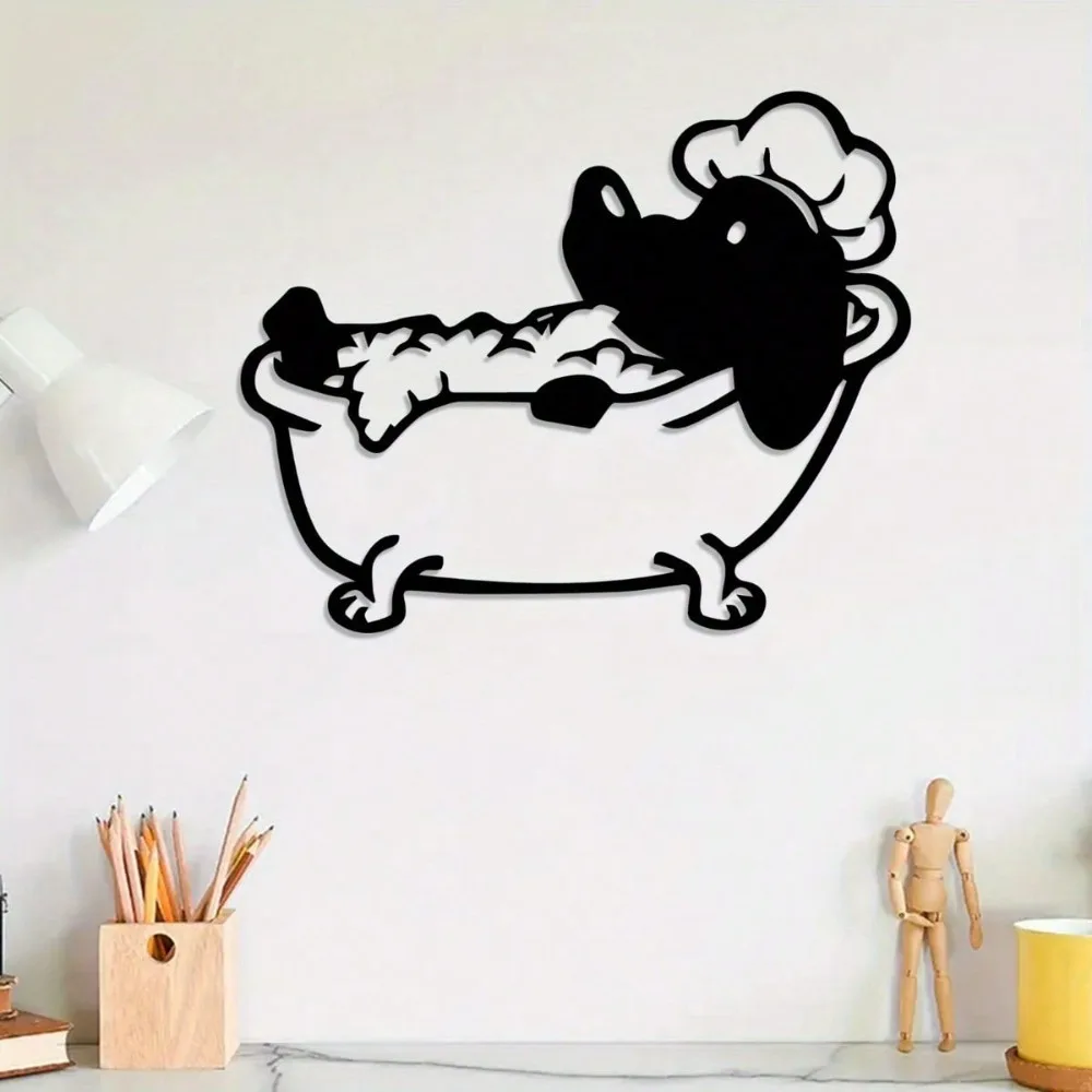 Powder-Coated Iron Puppy Bubble Bath Wall Art, Retro Pet Grooming Decor for Salon Home, Durable Metal Gift