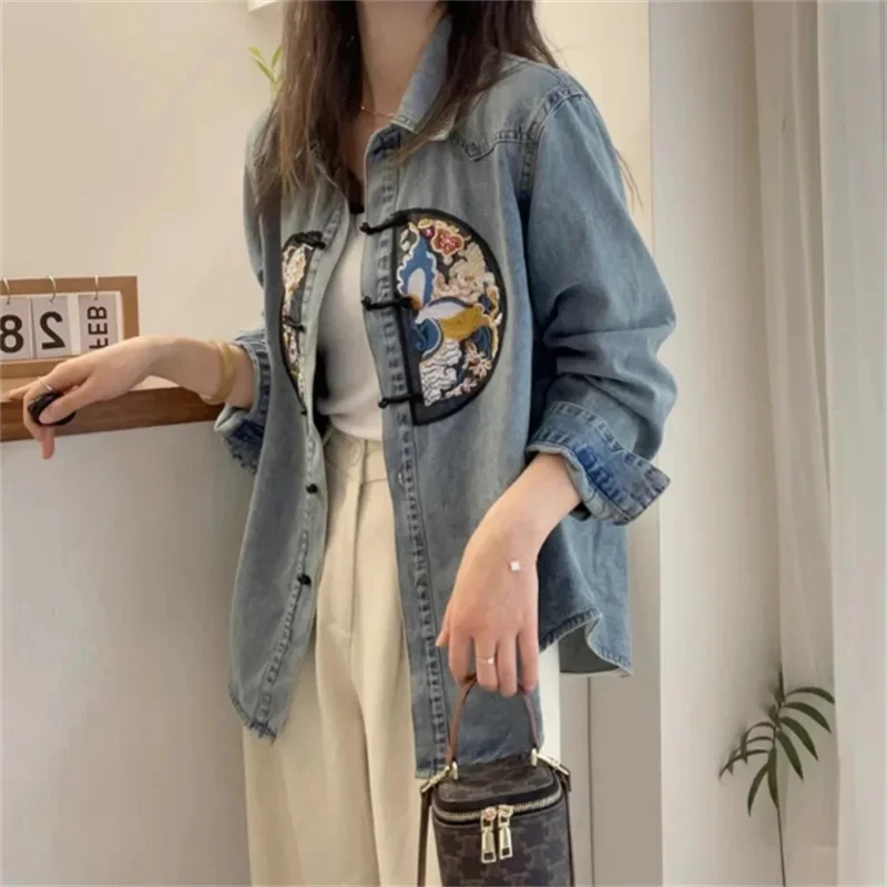 

Блузка в стиле ретро, женская джинсовая рубашка, ковбойская рубашка с вышивкой, китайский топ, винтажная джинсовая куртка на пуговицах, рубашка, женская верхняя одежда, блузка