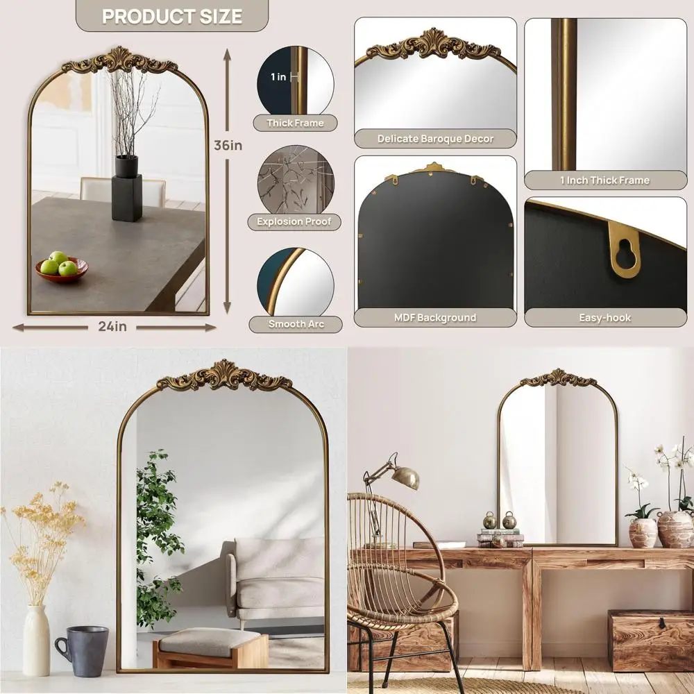 24x36 Vintage Gold verzierter Barockspiegel mit antikem Messingrahmen, ideal für Eingangsbereich, Kamin, Wohnzimmer, Flur oder Badezimmer