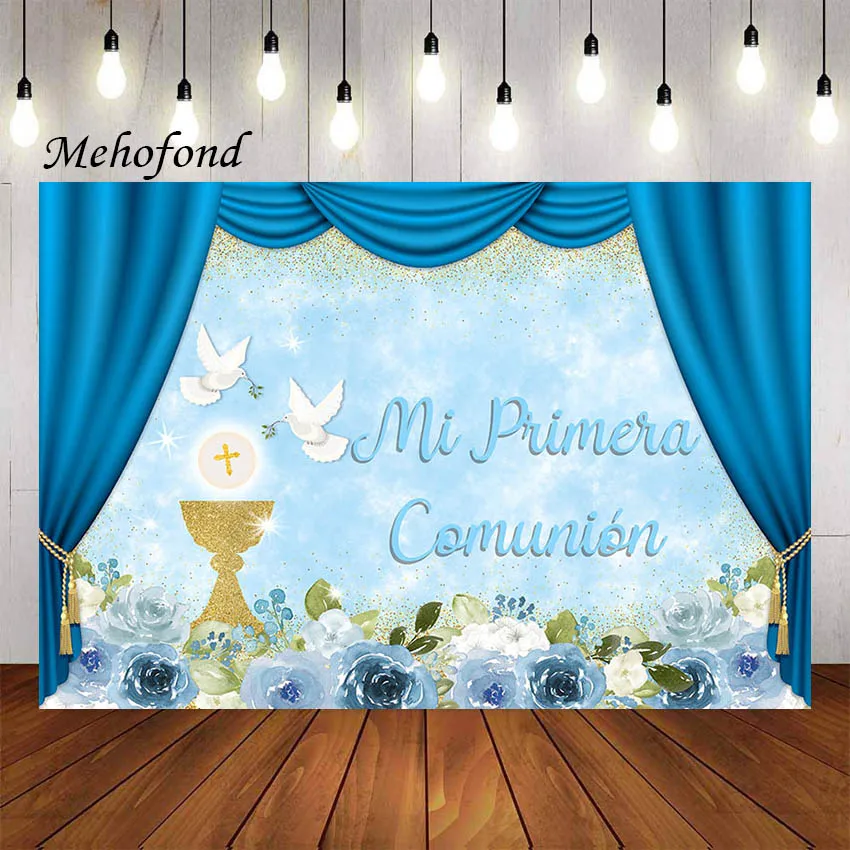 Mehofond Photography Background Boys Baptism Mi Primera Comunion Christening Glitter Chalice Blue Decor Backdrop Photo Studio