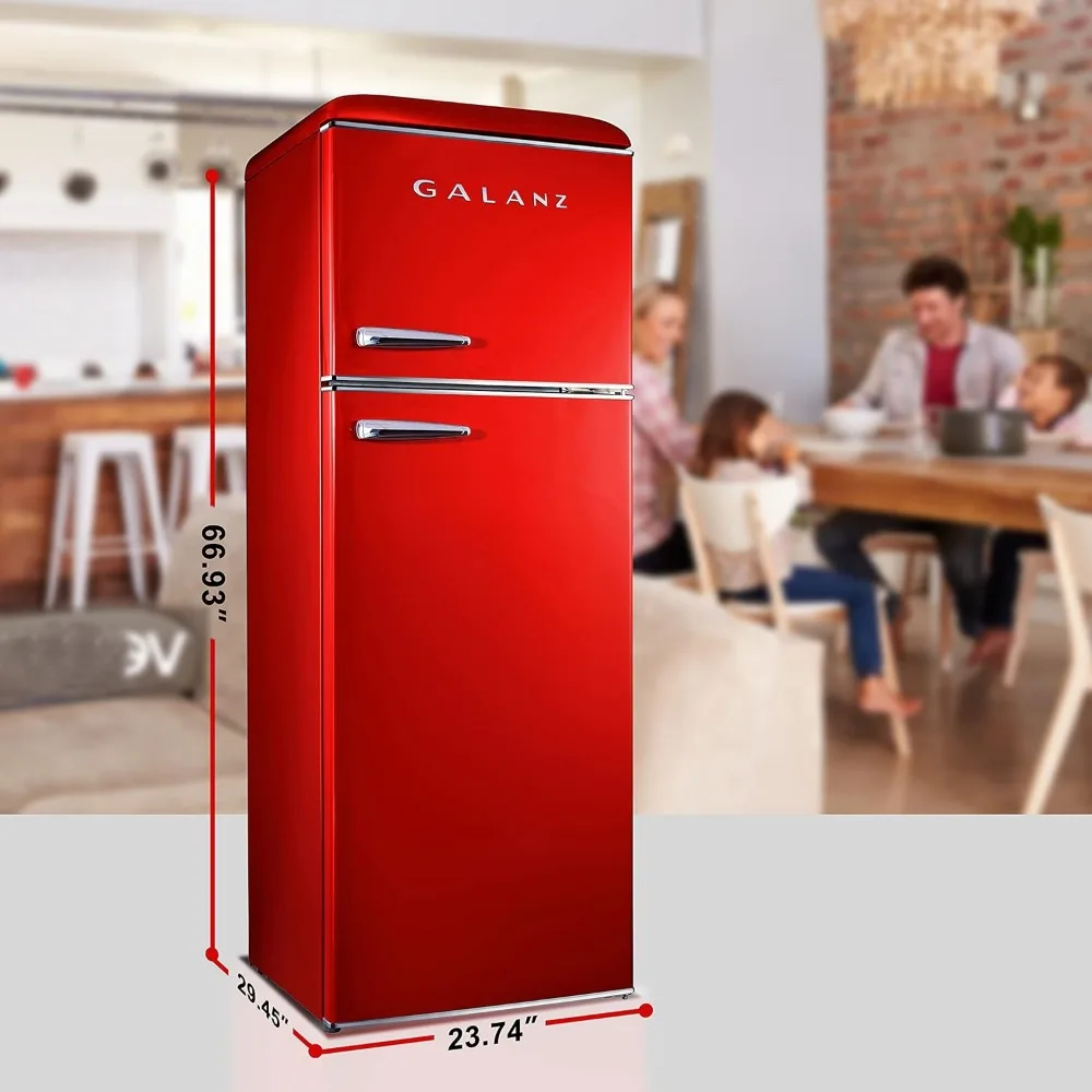 Refrigerador de doble puerta, Control de termostato eléctrico ajustable con compartimento de congelador de montaje superior, rojo Retro