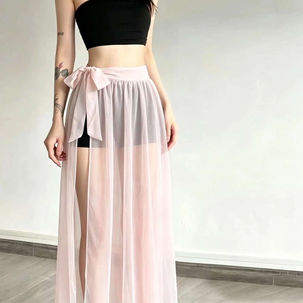 Women Sarong Beach Wrap Sheer Long Skirt Bohemian Scarf For Swimwear Bow Tie Tied Y2k See Through Chiffon Vacation Skirts Female