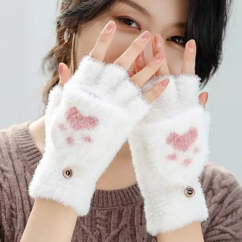 Niedliche Katzenpfoten-Fingerlose Handschuhe, Flip-Top-Design, weiches pelziges Futter, warme Strickhandschuhe für den Winter, Outdoor-Einsatz, gemütliches Geschenk für Mädchen ﻿