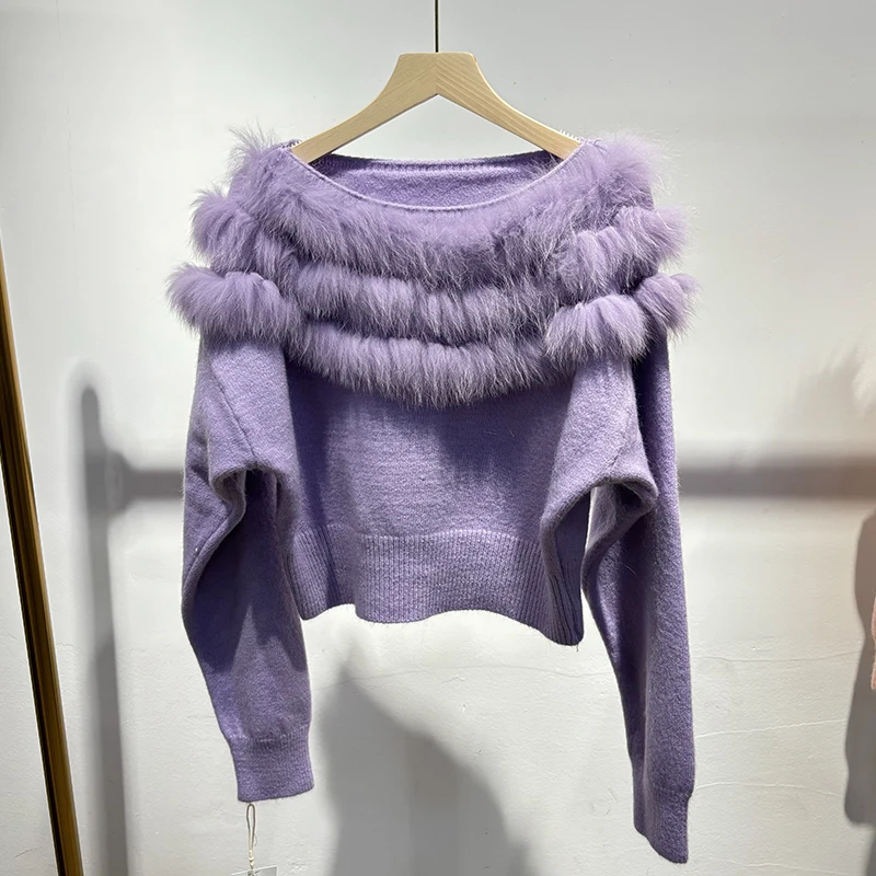 

2025 женский зимний толстый милый лисьий меховой воротник из натурального лисьего меха для девочек, осенний короткий свитер, вязаное пальто