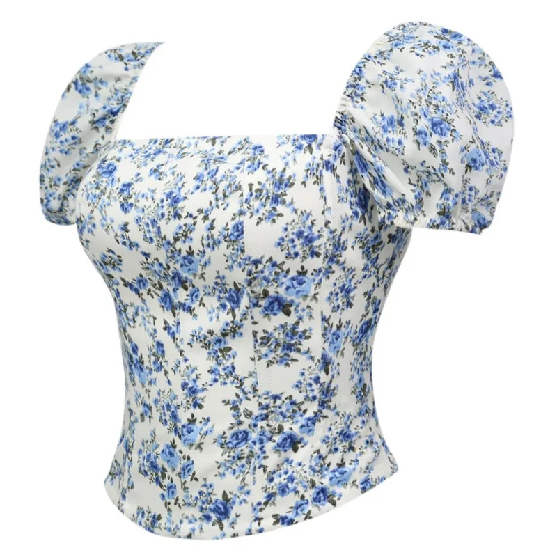 Vintage Floral Corset Crop Top Short Sleeve Bustier Vest Women Summer Beach Party
