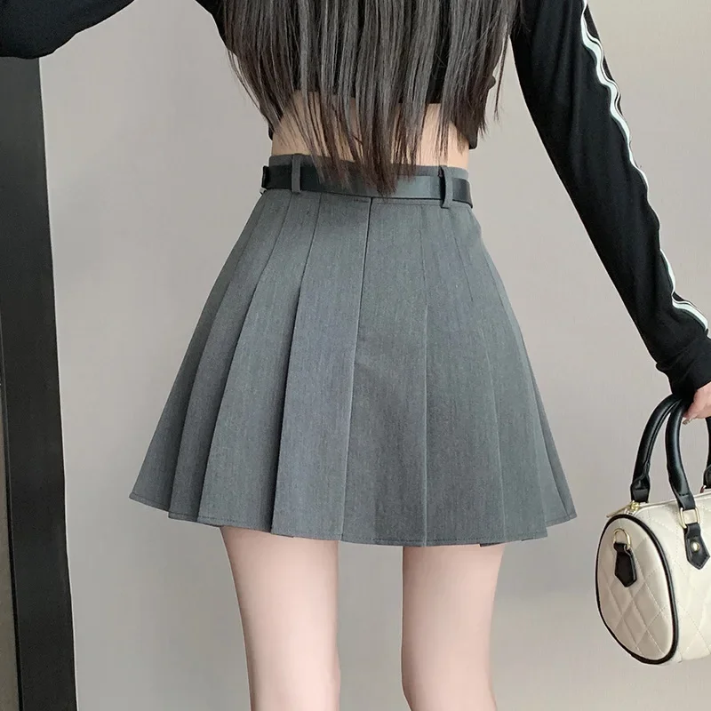 2026Women's High Waist Gray Pleated Skirt Summer Preppy Style Slim Fit A-line Skirts Woman Solid Color Casual Student Mini Skirt