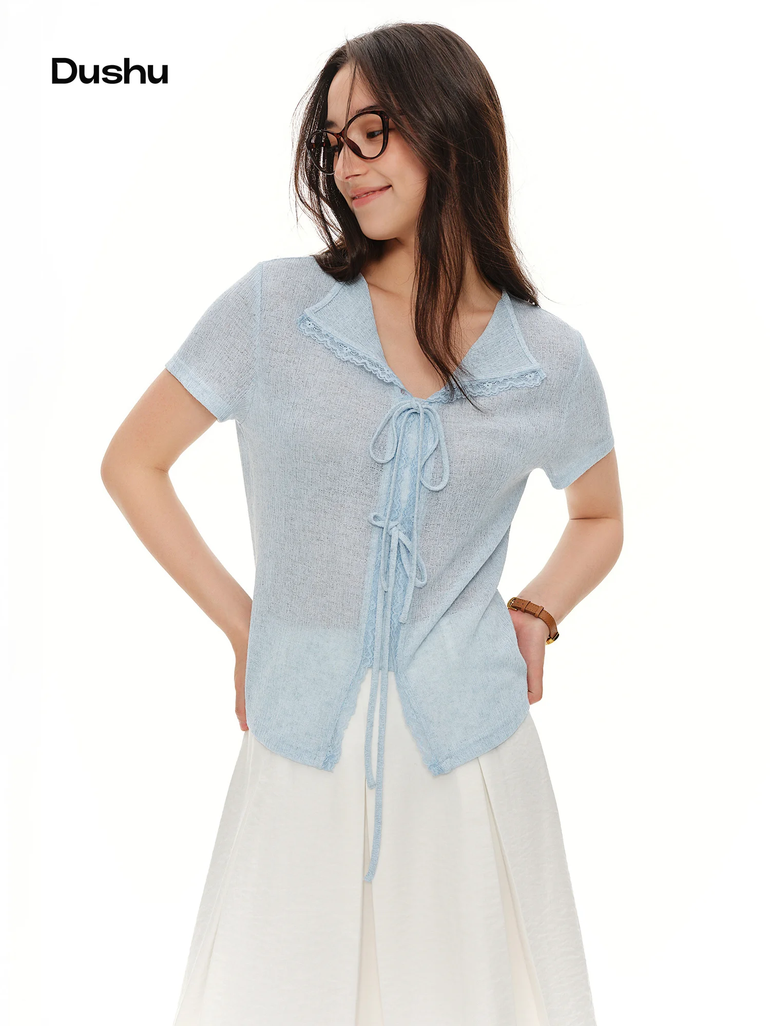 DUSHU 2026 Summer New Ladies Linen Blend Blouse French Style Lapel Front Tie Short Sleeve Elegant Slim Fit Casual Shirt lace-up