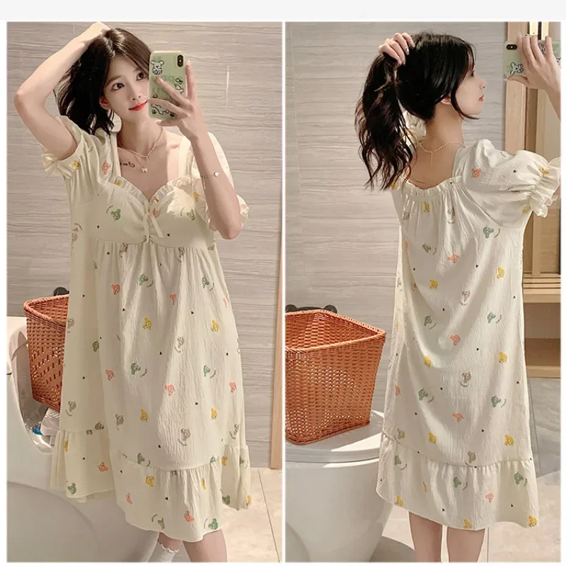Женская пижама больших размеров 5XL, корейская ночная рубашка с короткими рукавами и милым принтом на груди, летняя свободная одежда для дома, которую можно носить на улице