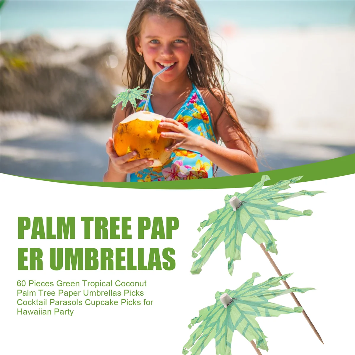 

A75K 60 шт., зеленые тропические кокосовые пальмы, бумажные зонтики, пары для коктейлей, зонтики для кексов для гавайской вечеринки