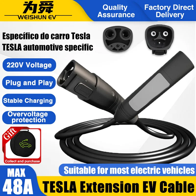 Cavo di ricarica per auto elettrica 48A Cavo di prolunga Tesla monofase con spina NACS 5M per caricabatterie EV di livello 1 e 2 e connettore a