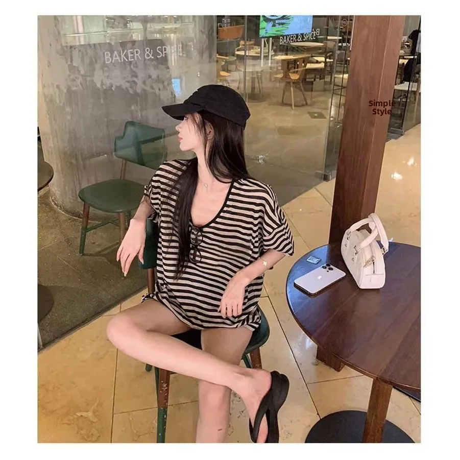Color Block V-Neck Short Sleeve Mid-Length T-Shirt Women's Summer Slimming Casual Lazy Style Loose Comfortable Top