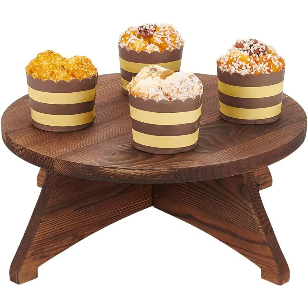 Wood Cake Stand Flat Round Wooden Display Pedestals Coconut Brown Wood Cake Display Stand Rustic Burnt Wood Dessert Pedestal