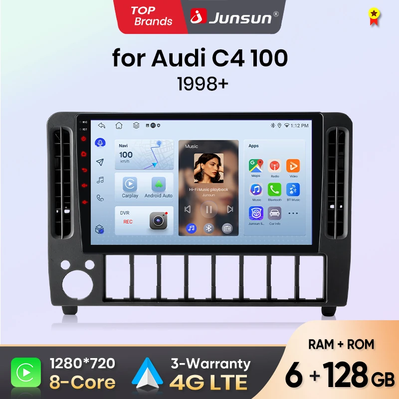 Autoradio Junsun pour Audi C4 100 1998+ CarPlay sans fil Android Auto Plug & Play FM RDS DSP GPS Multimédia