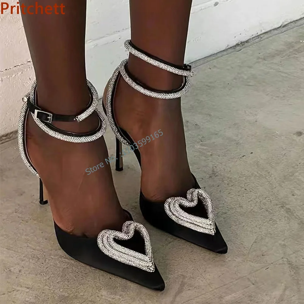 

Crystal Heart Ankle Band Sandals Pointy Toe Thin Heels Solid Buckle Strap Stiletto Shoes Summer Bling Women Party Shoes 2024