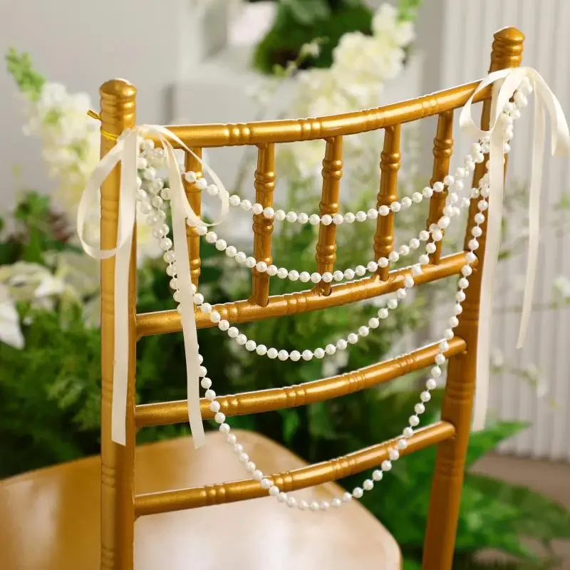 

Wedding Pearl Bow Chair Decor Satin Ribbon Bows 50Pcs With Beaded Garland Lace Chair Sashes For Party Aisle Ceremony