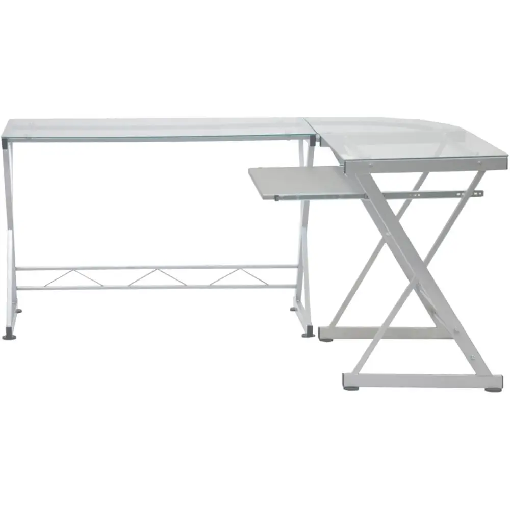 Reversible L-Shaped Glass Computer Desk with Pull-Out Tray for Home Office or Study