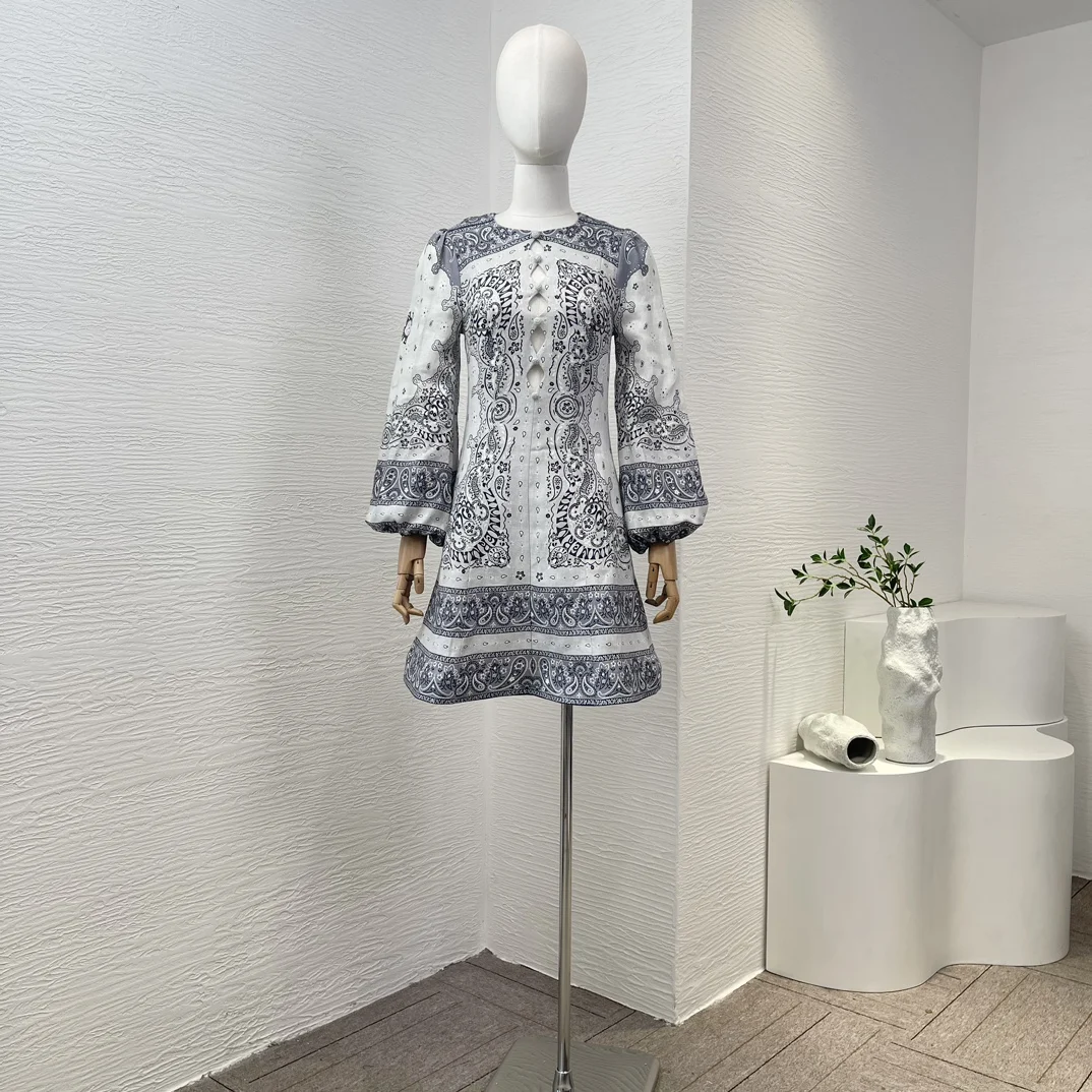 2024 New Collection Blue Paisley Floral Print High Quality Linen Long Lantern Sleeve Hole Buttons Women Vintage Mini Dress