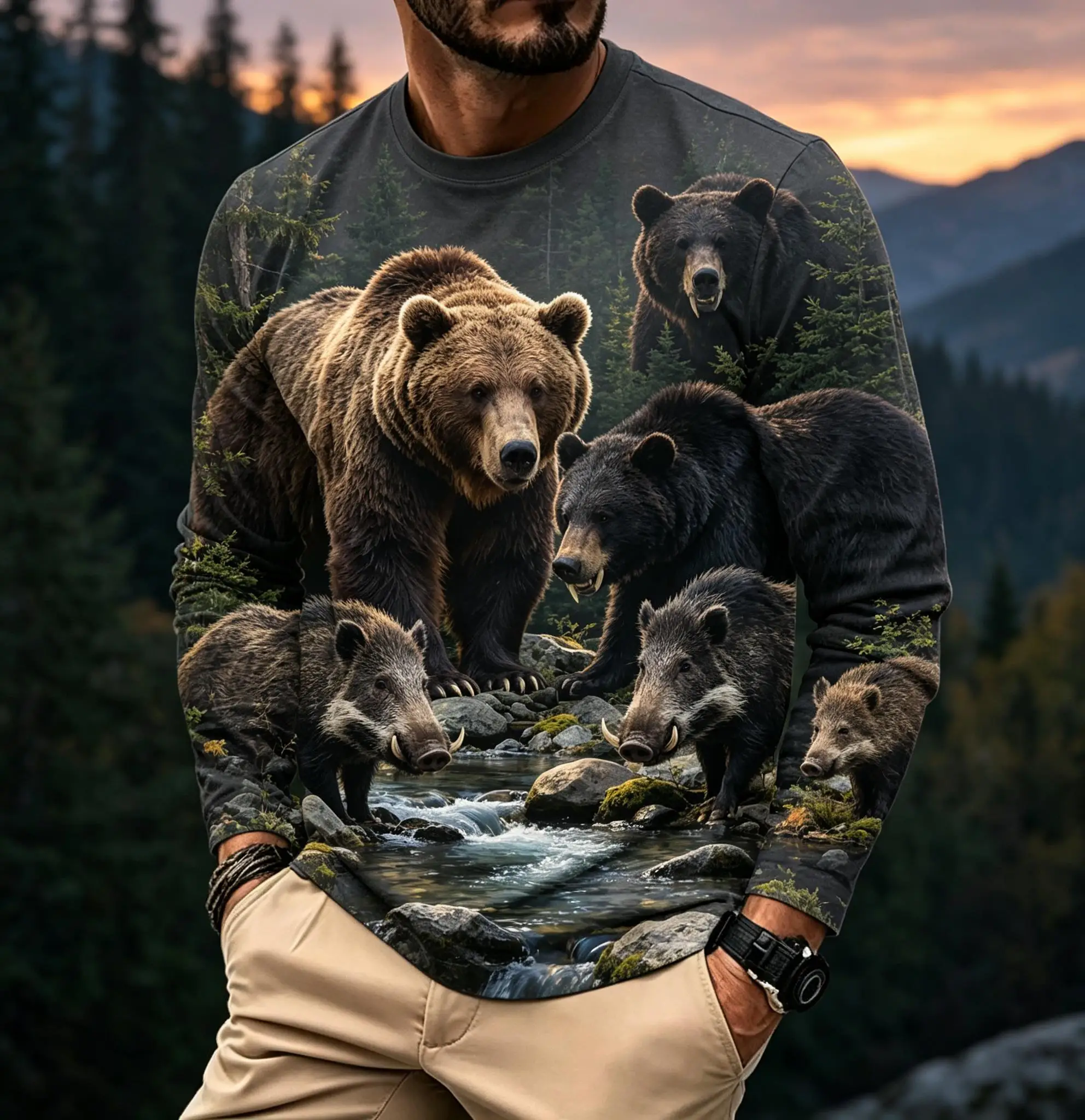 Men Wildlife Long Sleeve Tee, Autumn Mountain Forest Bear Boar Badger Nature Full Print Casual T-shirt