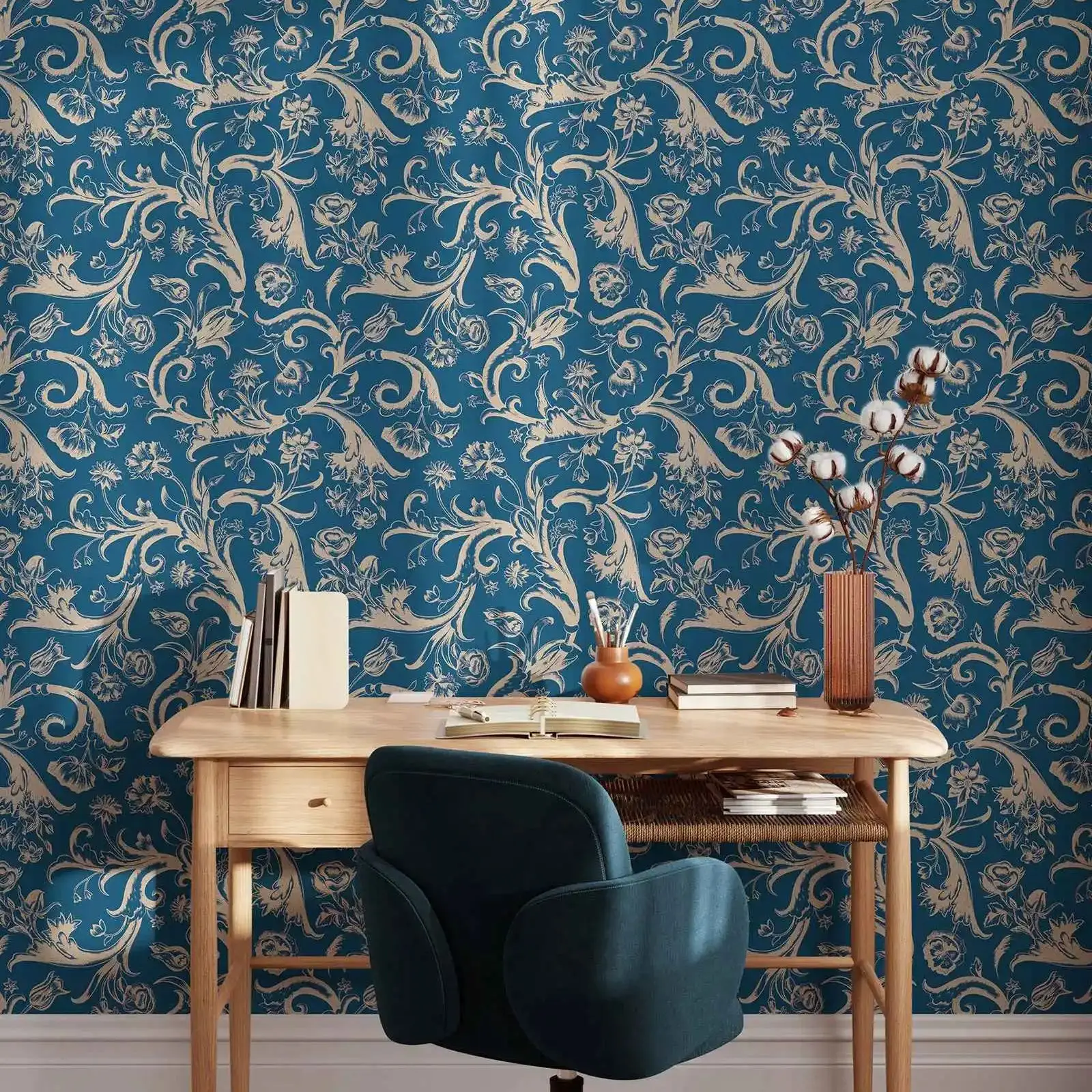 Baroque Style Wallpaper,Self Adhesive Vintage Floral Wall Mural,Beige Swirls and Roses Peel And Stick Or Pre-pasted Wall Papers