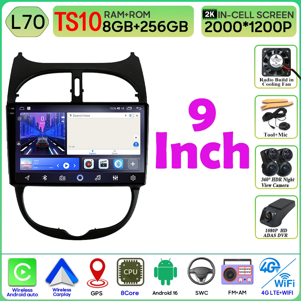 Android 16 autoradio voor Peugeot 206 206CC 1998-2012 autoradio Bluetooth 4G Wifi GPS navigatiescherm draadloze Carplay monitor