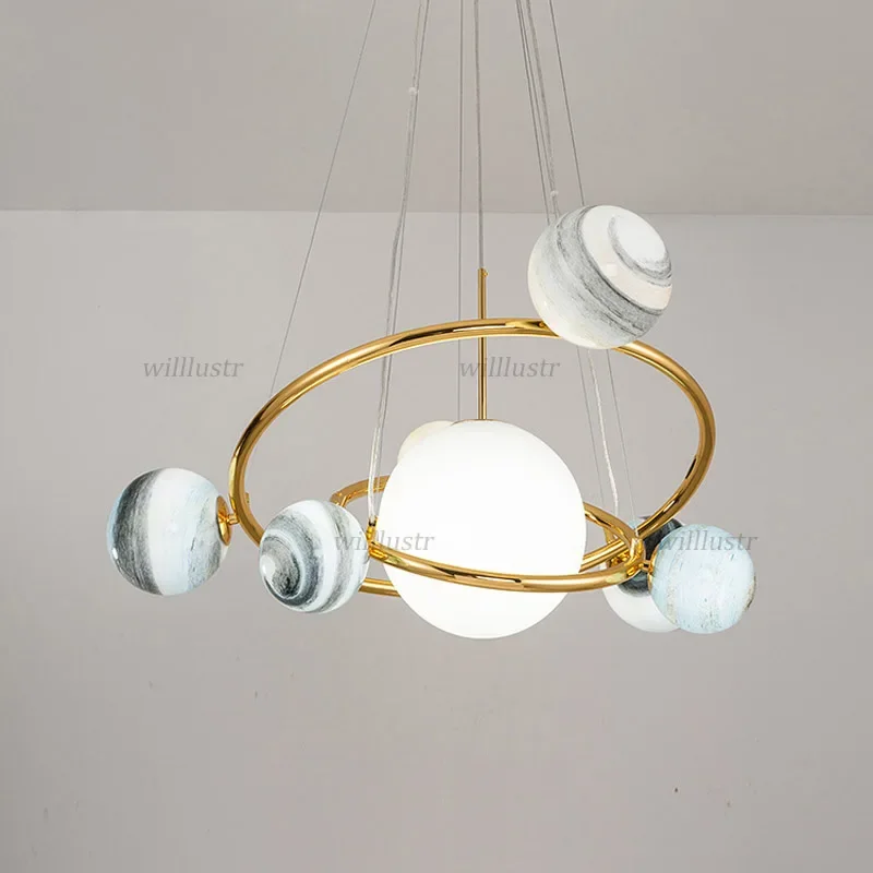 Glass Galaxy Pendant Lamp Luxury Iron Suspension Light Hotel Study Living Room Kids Bedroom Planetary Hanging Ceiling Chandelier