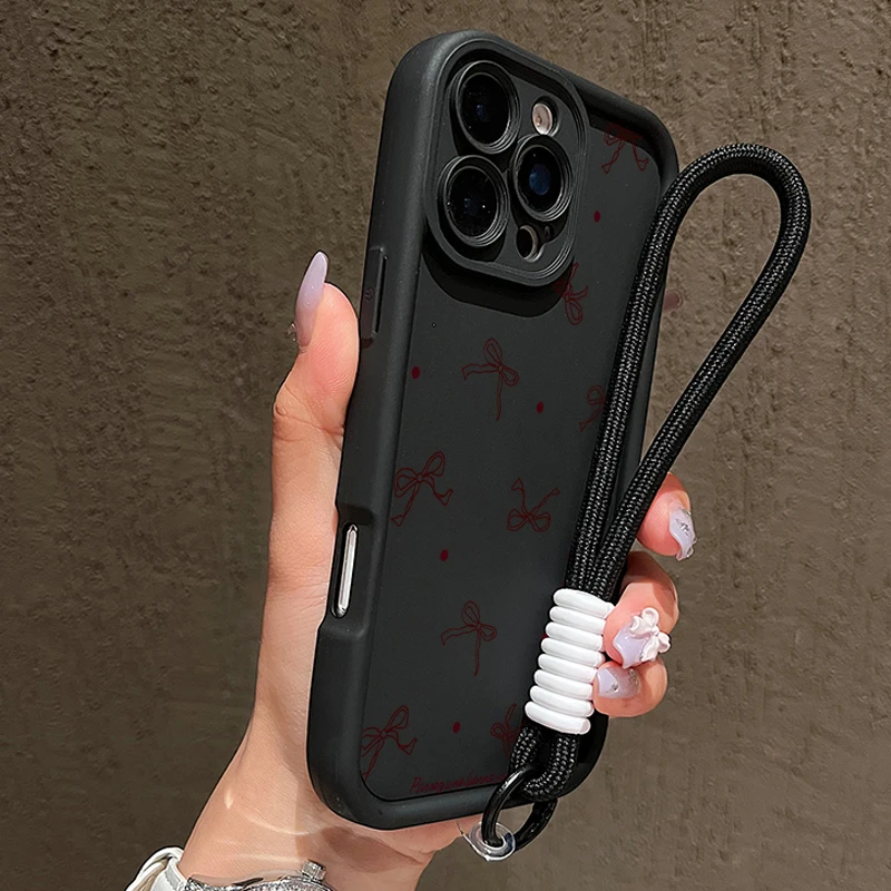 Cute Polka Dot Bow Pattern Soft Lanyard Phone Case For iPhone 17 16 15 Pro Max 14 13 12 11 16E X XR XS 7 8 Plus Silicone Cover - náhled 2
