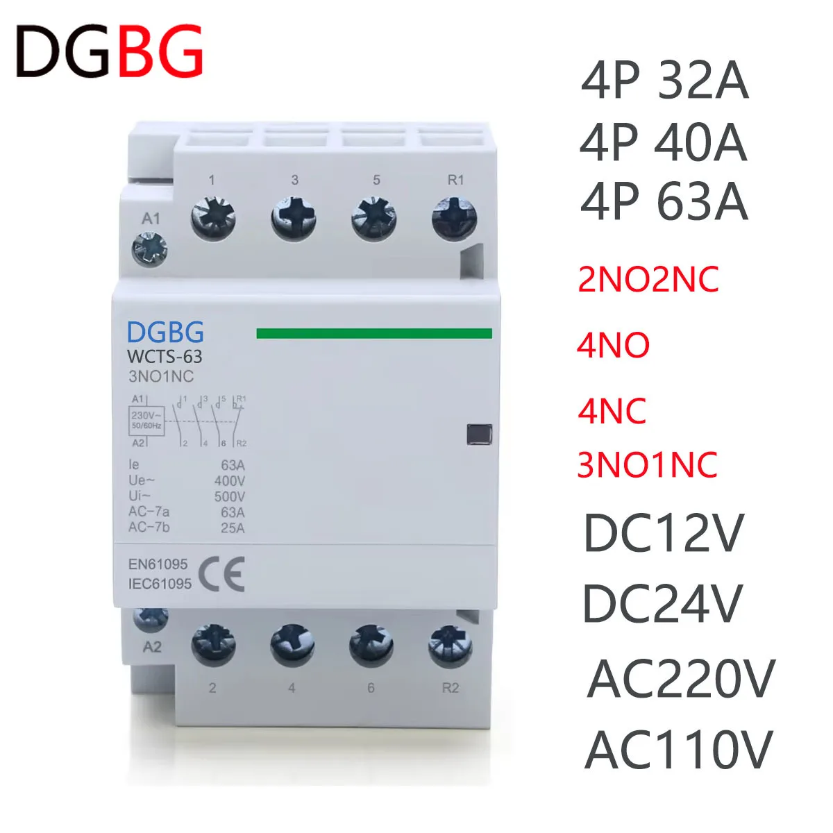 DGBG Modular Contactor 4P 63A 4NO 4NC 2NO2NC 380V 220V 110V AC 24V Automatic Household Contactor Din Rail Type iCT 50/60Hz