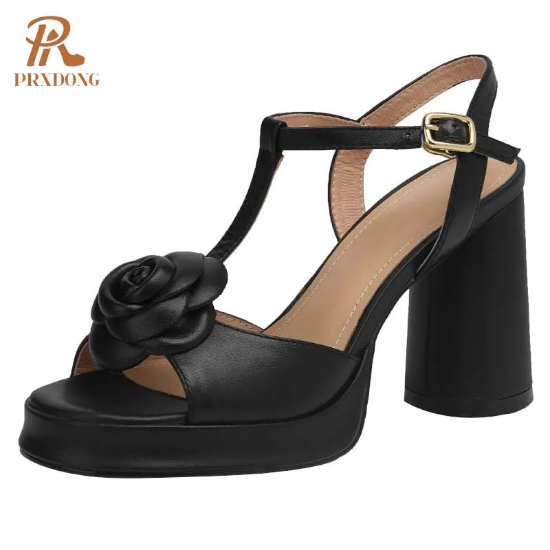 PRXDONG INS New Classics Genuine Leather Summer Shoes Woman Sandals T-strap Flowers Gold Silver Dress Party Wedding Lady Pumps