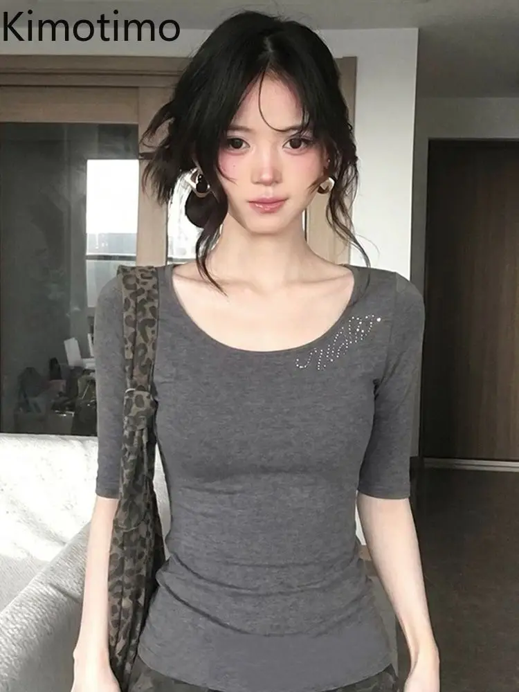 Kimotimo Letter Diamonds Gray Half Sleeve T-shirt Women Summer Simple Slim Waist Spicy Girl Tops Retro Y2k Aesthetic Grunge Tees