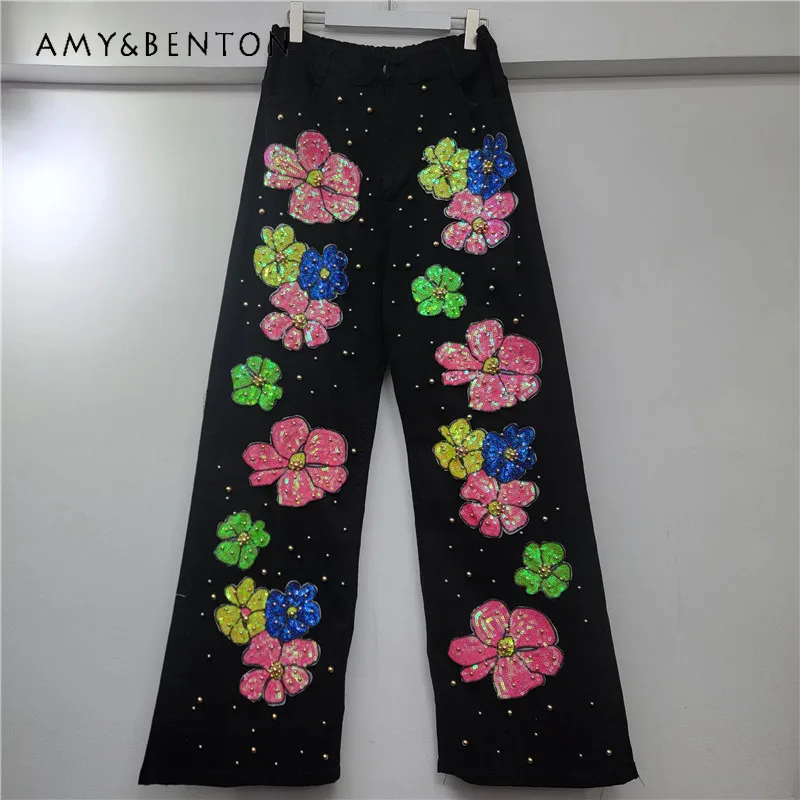 

New High Waist Loose Slimming Versatile Y2k Wide Leg Trousers Heavy Industry Beaded Sequin Floral Zipper Denim Long Pants Ladies